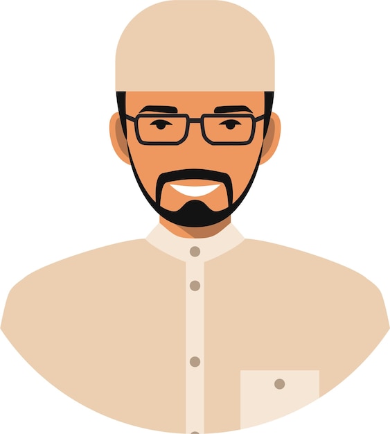 Arabic Man with Beard and Glasses in Traditional Muslim Arabic Clothing in Flat Style.