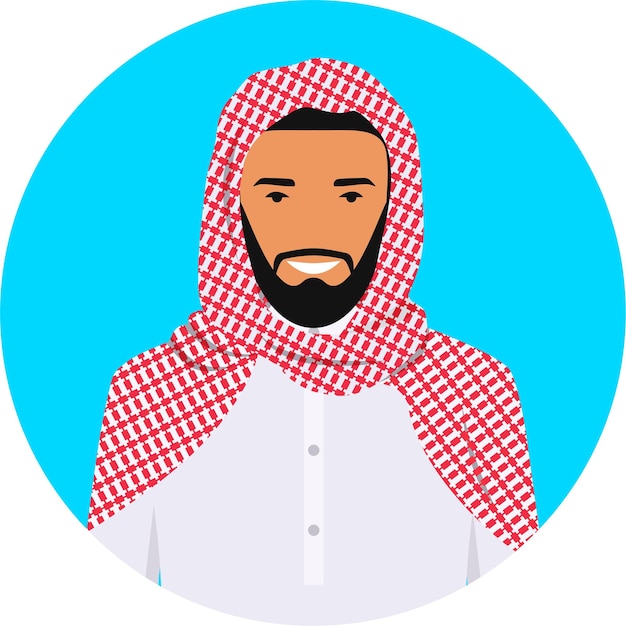 Arabic Man with Beard and Mustache in Traditional Muslim Clothing in Flat Style. Vector Illustration