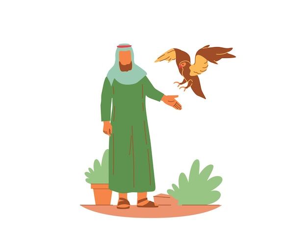 Arabic man with bird in his hand Modern flat vector illustration