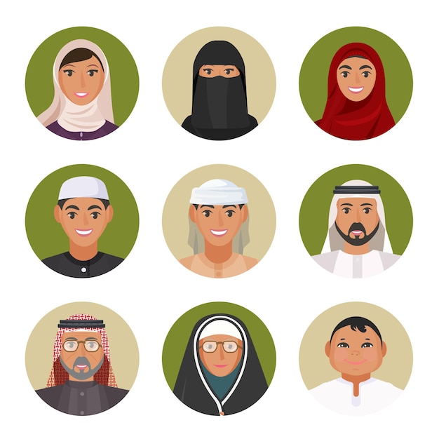 Vector arabic men and women of all ages in traditional clothing portraits in circles isolated vector illustrations set on white background.