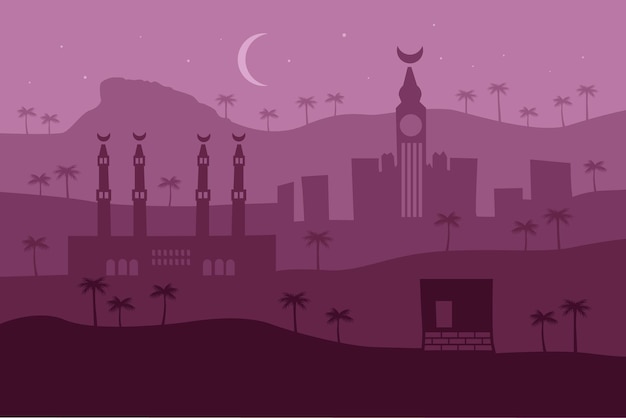 아랍어 이슬람 도시 평면 그림 메카 휴가 여행 그리기 현대 평면 아랍어 이슬람