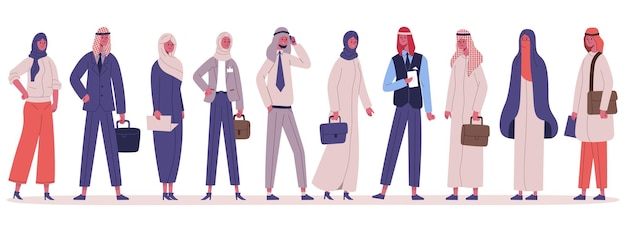 아랍 이슬람 세련된 비즈니스 사람들이 함께 서 있습니다. 전통적인 옷 벡터 일러스트 세트의 남성과 여성 비즈니스 사무실 캐릭터. 아라비아 비즈니스 팀