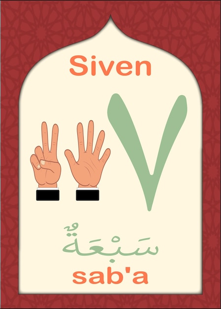 벡터 어린이를 위한 아라비아 숫자 플래시 카드 아랍 서예가 있는 이슬람 숫자 7 7
