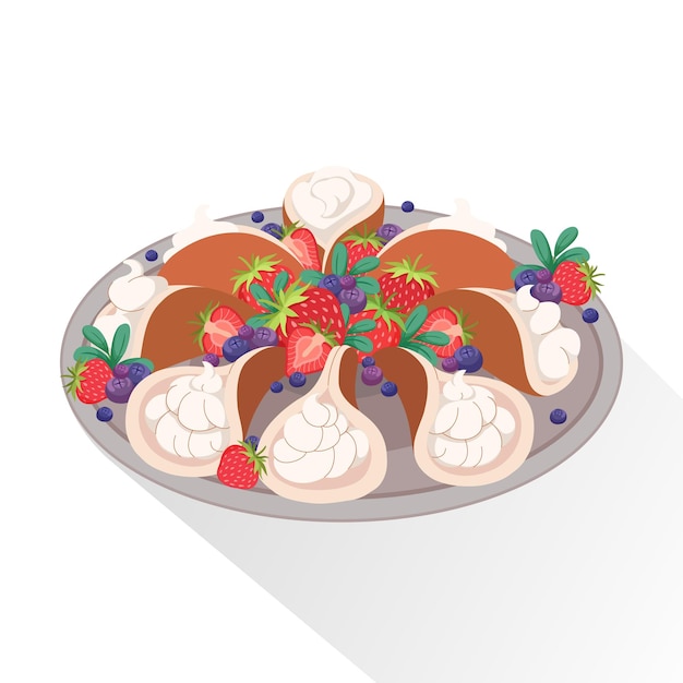 Vector arabic pancakes with cream filling muslim desert for holiday of eid al fitr strawberries and berry