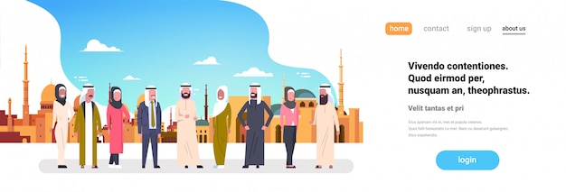 arabic people group over muslim cityscape. landing page or web template with illustration
