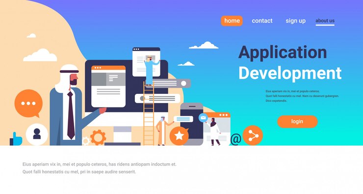 Vector arabic people working chat bubbles mobile application development banner