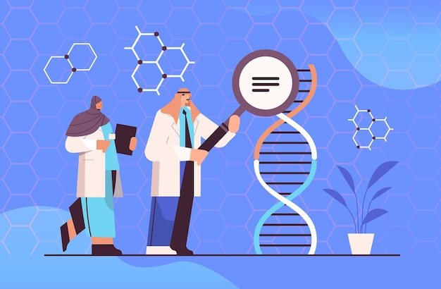 Dna와 함께 일하는 아랍 과학자들 실험실에서 실험하는 아랍 연구원들 유전 진단 테스트 Dna