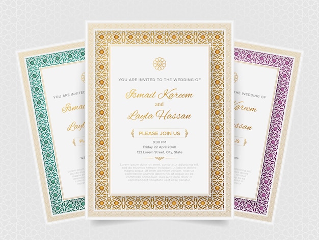 Vector arabic-style wedding invitation card design with islamic colorful border