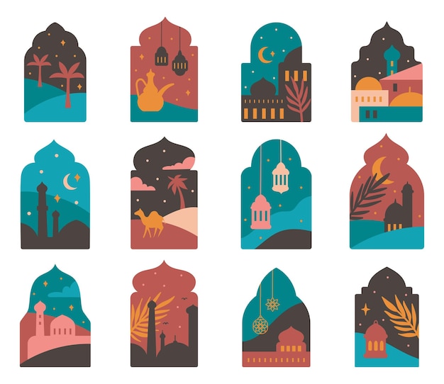 Vector arabic windows with mosque desert moon serenity scene flat style illustration ramadan design ele