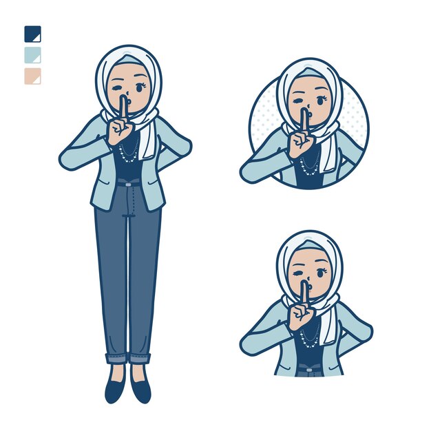 An arabic woman in casual fashion with be quiet hand sign images