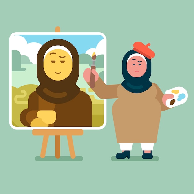 Vector arabic woman character painting himself as a luxury painting, islamic artist house wife wear palette