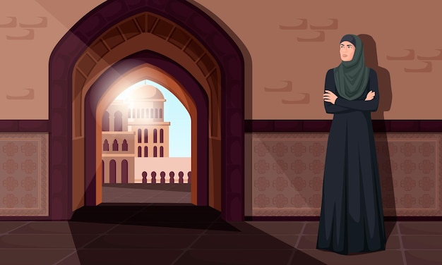 Arabic woman Person wearing hijab Poster of Arabian female in cityscape Traditional mosque panoramic view Happy muslim lady at city street Vector illustration