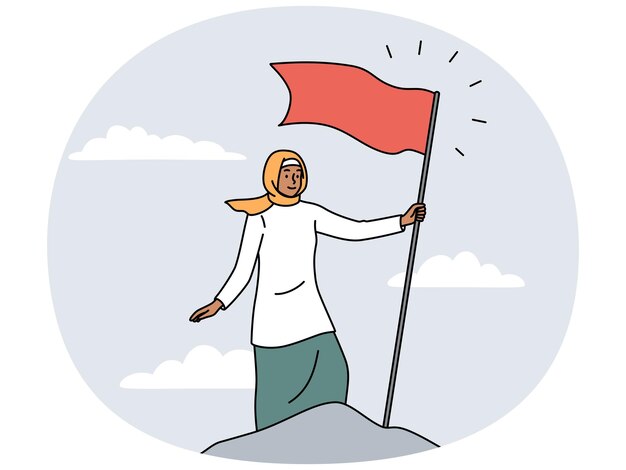 Arabic woman put red flag on mountain peak