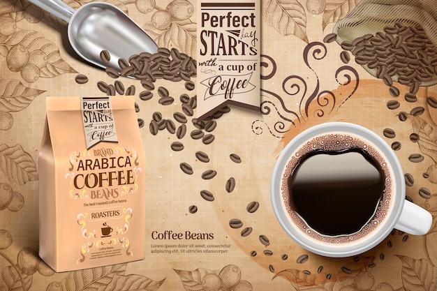 Arabica coffee beans ads, cup of black coffee and paper bag package in illustration, retro engraving coffee plants elements