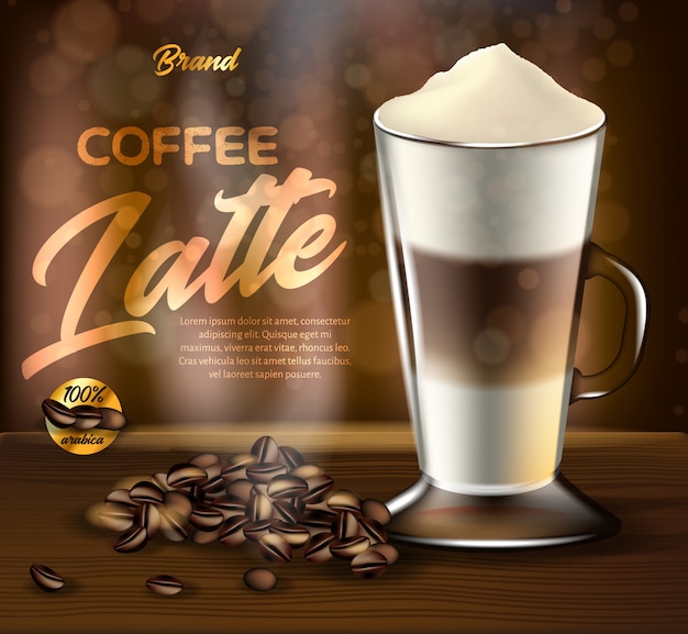 Vector arabica coffee latte promo banner, drink glass