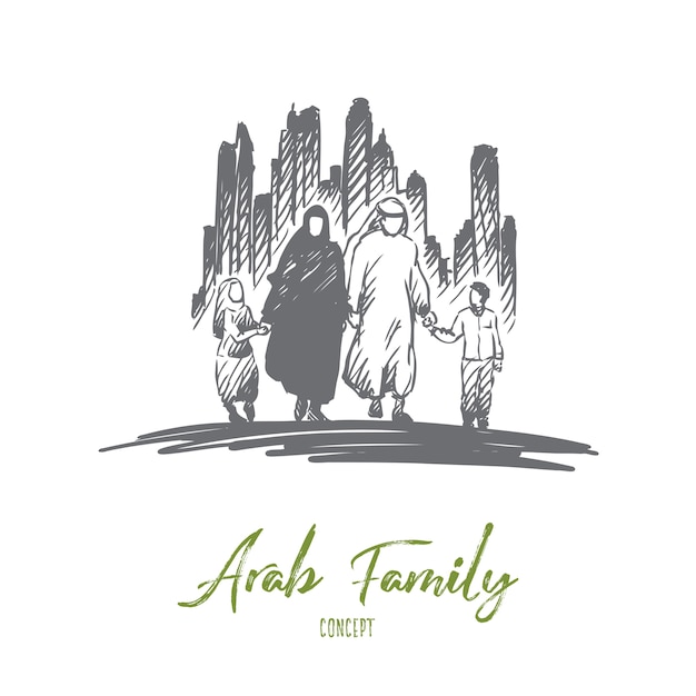 Arabisch, familie, moslim, cultuurconcept. hand getekende traditionele arabische familie met kinderen concept schets.