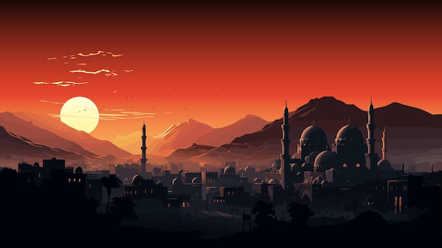 Arabisch stadsbeeld zonsondergang stadslandschap oud Arabisch stadslandschap horizontale illustratie van Arabische stad