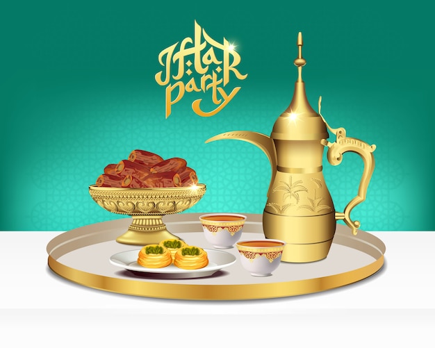 Arabisch theeservies met kom dadels. Ramadan iftar feesteten. illustratie