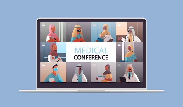 Arabische artsen op laptop scherm met medische videoconferentie geneeskunde gezondheidszorg online communicatie concept horizontale portret vectorillustratie