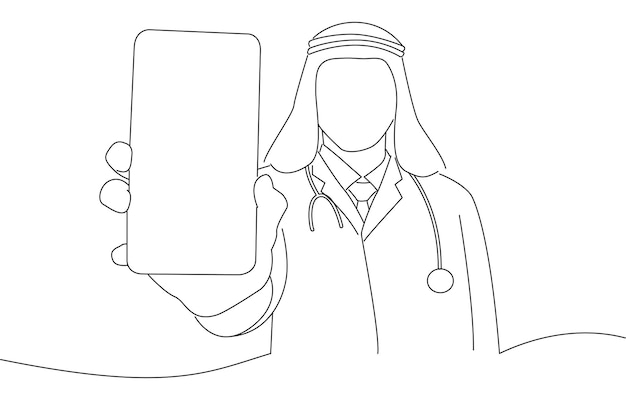 Arabische dokter man met smartphone met kopie ruimte lijn kunststijl