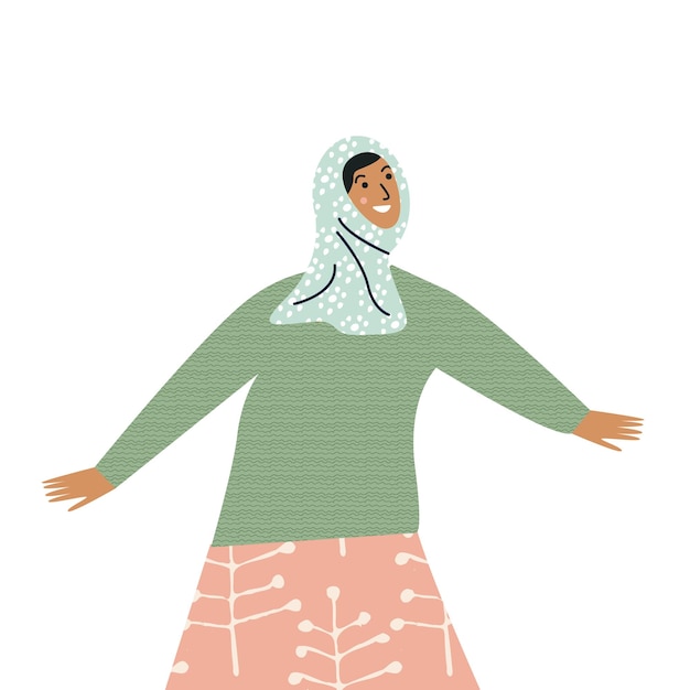 Vector arabische emirati vrouw jonge moslim vrouwelijke karakter dragen hijab glimlachend meisje in sjaal platte vector cartoon illustratie geïsoleerd op een witte achtergrond