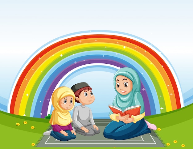 Arabische familie in traditionele kleding en regenboog achtergrond