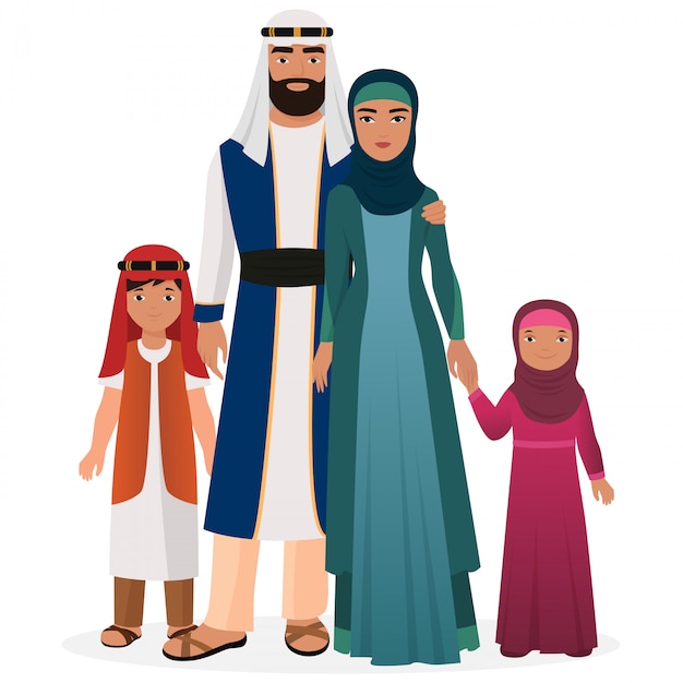 Arabische familie met kinderen in traditionele nationale kleding