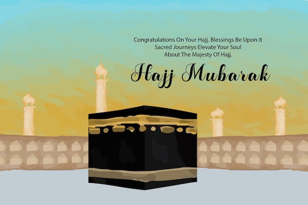 Arabische Hajj Mubarak moslim islamitische viering vectorillustratie met water kleur Premium Vector