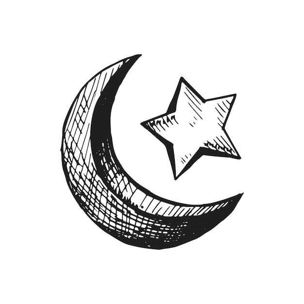 Arabische halve maan met een sterpictogram vector schets hand tekenen