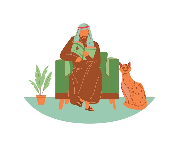 Vector arabische man die in een fauteuil zit en een boek leest met een cheetah dierverzorging concept