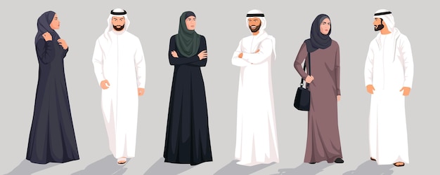 Arabische man en vrouw portret volle hoogte traditionele islamitische vrouwelijke en mannelijke personage Saoedische nationale kleding islamitische jongeren baard en snor Vector illustratie