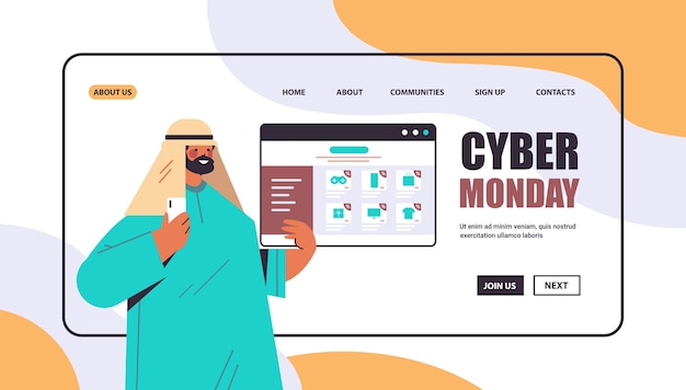 Arabische man met behulp van smartphone goederen kiezen online winkelen cyber maandag grote verkoop concept portret kopie ruimte
