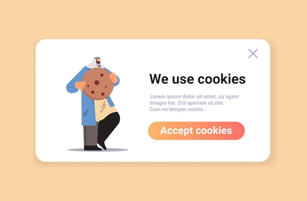 Arabische man met cookie-bescherming van persoonlijke informatie internet web pop-up we gebruiken cookiebeleid kennisgeving