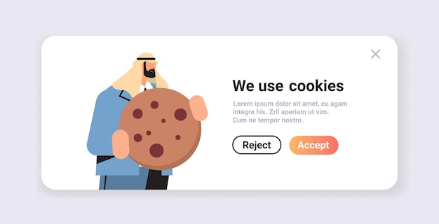 Vector arabische man met cookie-bescherming van persoonlijke informatie internet web pop-up we gebruiken cookiebeleid kennisgeving