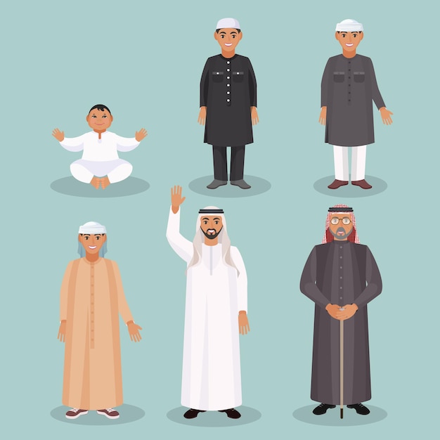 Arabische mannen generaties van kind tot oude persoon in traditionele etnische kleding voor alle leeftijden en sociale statussen geïsoleerde vectorillustraties set.