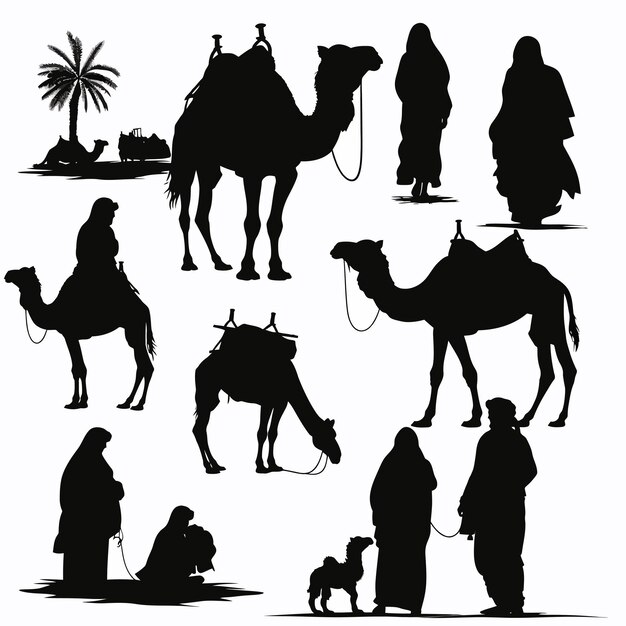 Arabische_mensen_en_kamelen_silhouetten_vector