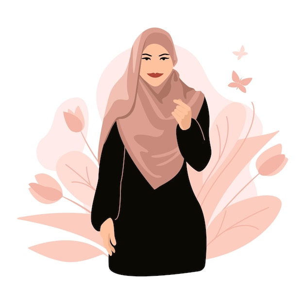 Arabische moslimvrouw in hijab. Vectorillustratie als spandoek, poster of wenskaart voor wereld hijab