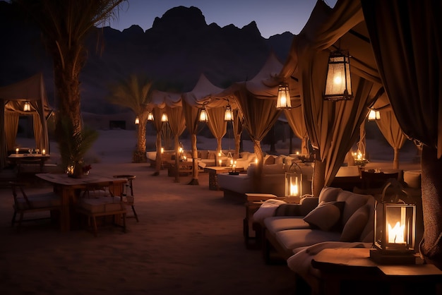 Arabische nacht Reizen door Marokko Comfortabel terras gevuld met zachte gezellige meubels