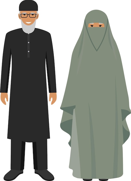 Vector arabische oude man en vrouw staan samen in traditionele islamitische arabische kleding in vlakke stijl.