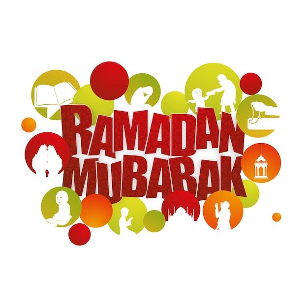 Arabische patroon rode Ramadan Mubarak tekst met verschillende islamitische elementen op witte achtergrond voor moslimgemeenschap Festival Concept