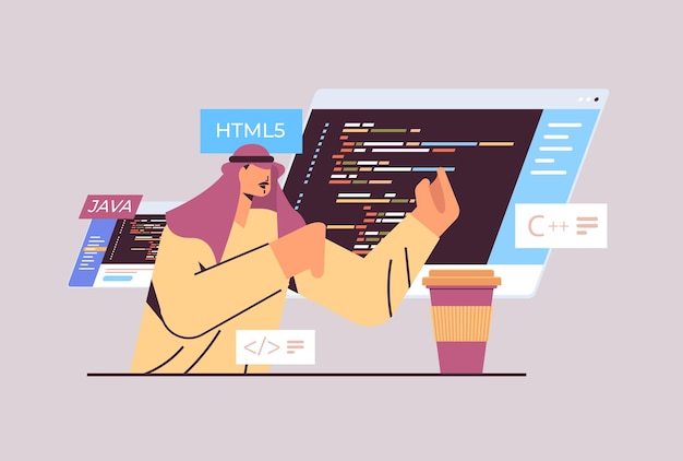 Arabische programmeur die code schrijft voor het programmeren van programmeersoftware voor computerapp-engineering;