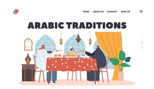 Vector arabische tradities bestemmingspaginasjabloon traditionele arabische familie moeder vader en zoontje karakters die ifthar . eten