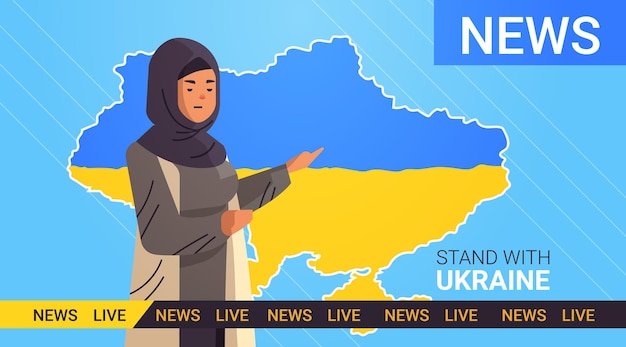 Arabische vrouw die dagelijks het laatste nieuws op tv in televisiestudio uitzendt bid voor oekraïne vrede red oekraïne uit rusland stop oorlog tv live nieuws concept horizontale vectorillustratie