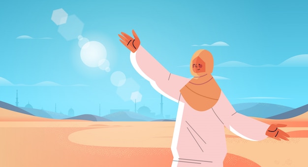 Arabische vrouw wandelen in de woestijn gelukkig arabische meisje in traditionele kleding ramadan kareem heilige maand arabische landschap horizontale portret illustratie