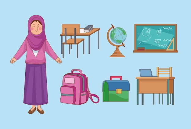 Arabische vrouwelijke leraar met benodigdheden