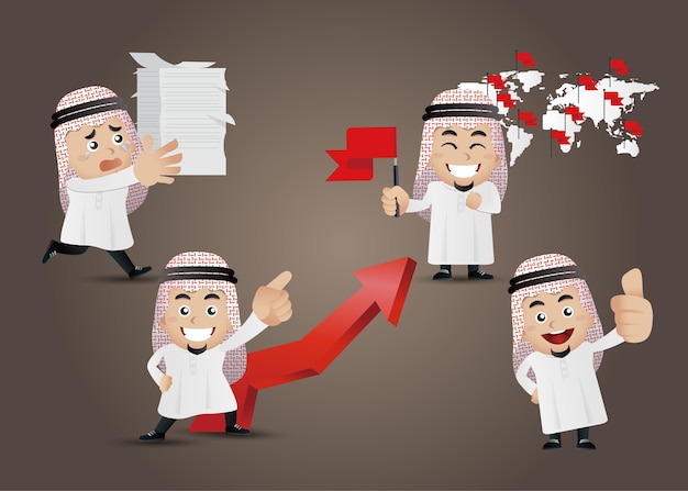 Arabische zakenman in verschillende acties stripfiguren instellen
