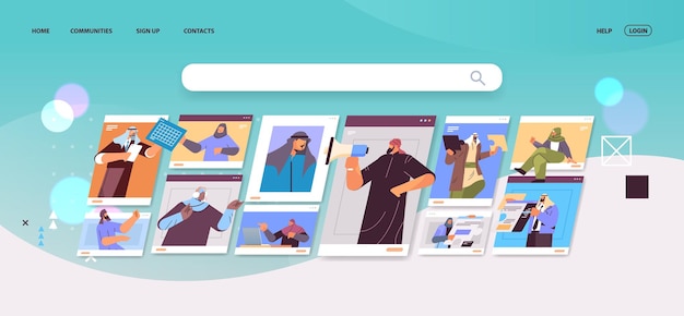 Arabische zakenmensen in webbrowservensters bespreken tijdens videogesprek virtuele conferentie online communicatie teamwork concept horizontale vectorillustratie