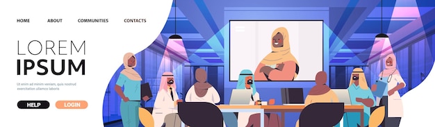 Arabische zakenmensen met online conferentie arabische zakenmensen bespreken met zakenvrouw tijdens videogesprek kantoor vergaderruimte interieur horizontale kopie ruimte vectorillustratie