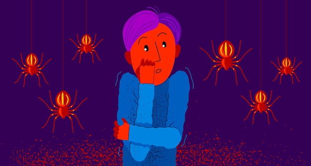 Arachnofobie angst voor spinnen vectorillustratie, jongen omringd door spinnen bang in paniekaanval, psychologie geestelijke gezondheid concept.