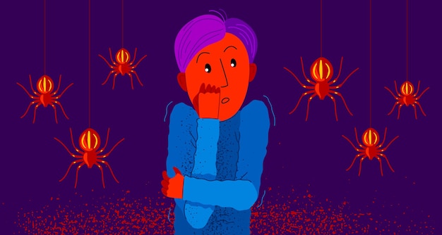 Arachnophobia fear of spiders vector illustration, boy surrounded by spiders scared in panic attack, psychology mental health concept.